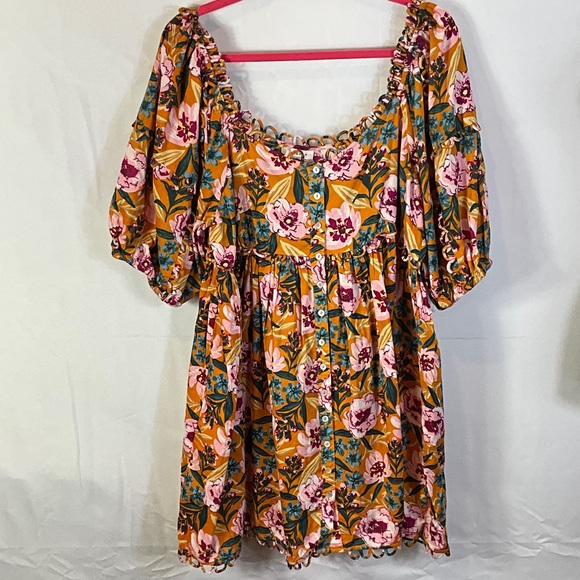 Topshop Orange Floral Three Quarter Inch Puffed Sleeve Mini Dress Size 12 - Picture 3 of 10